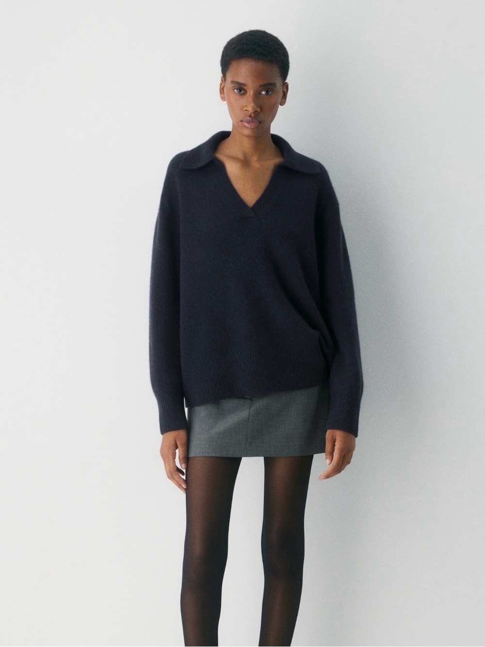 Aritzia Plush Cashmere Admire Polo Sweater Oversized Fit Heavyweight Navy Blue